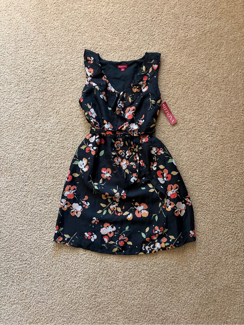 NWT Merona Black Floral Dress with Orange and Cream Flowers